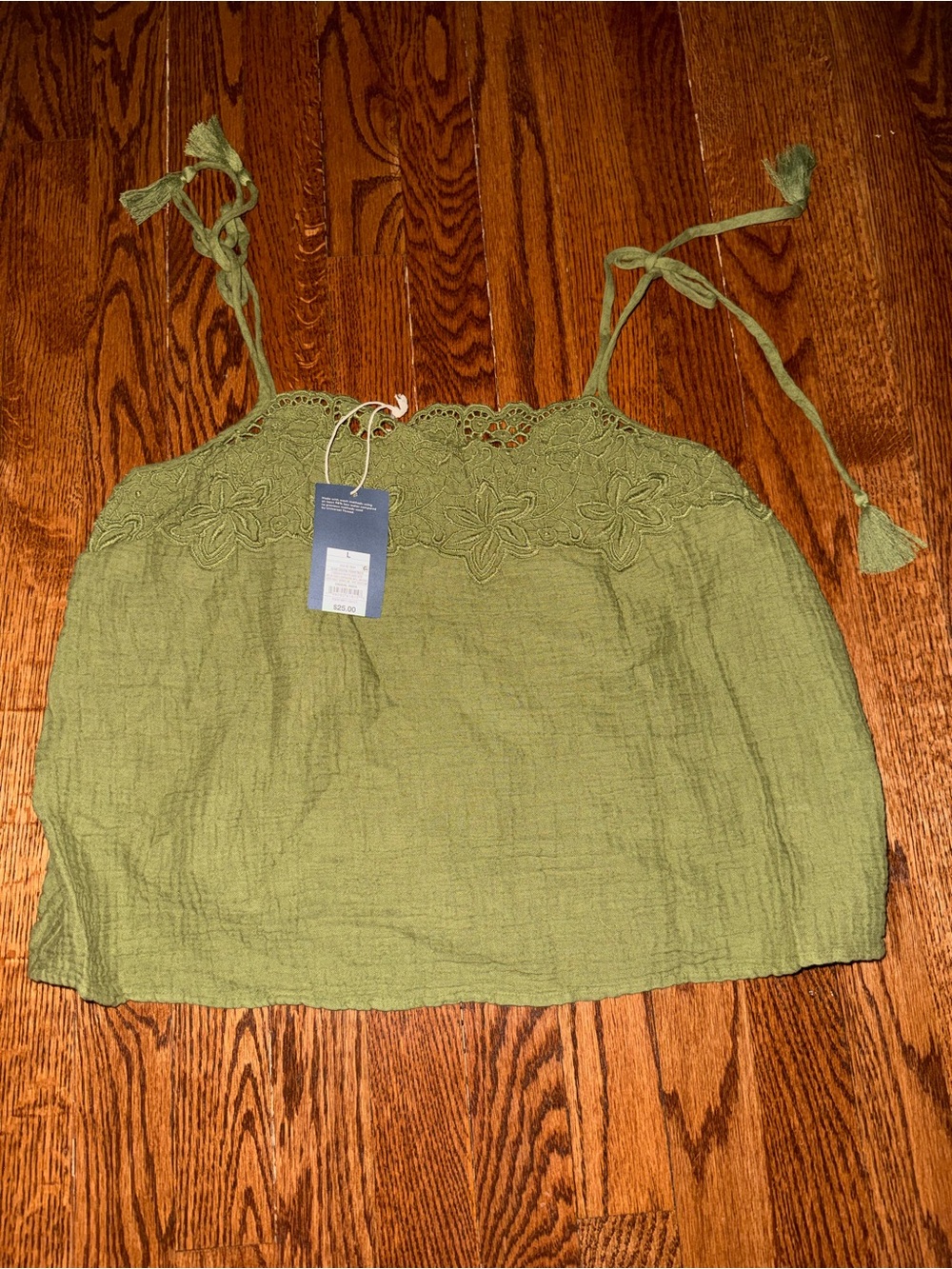 Universal Thread Olive Green Crochet-Trim Tie-Strap Tank Top